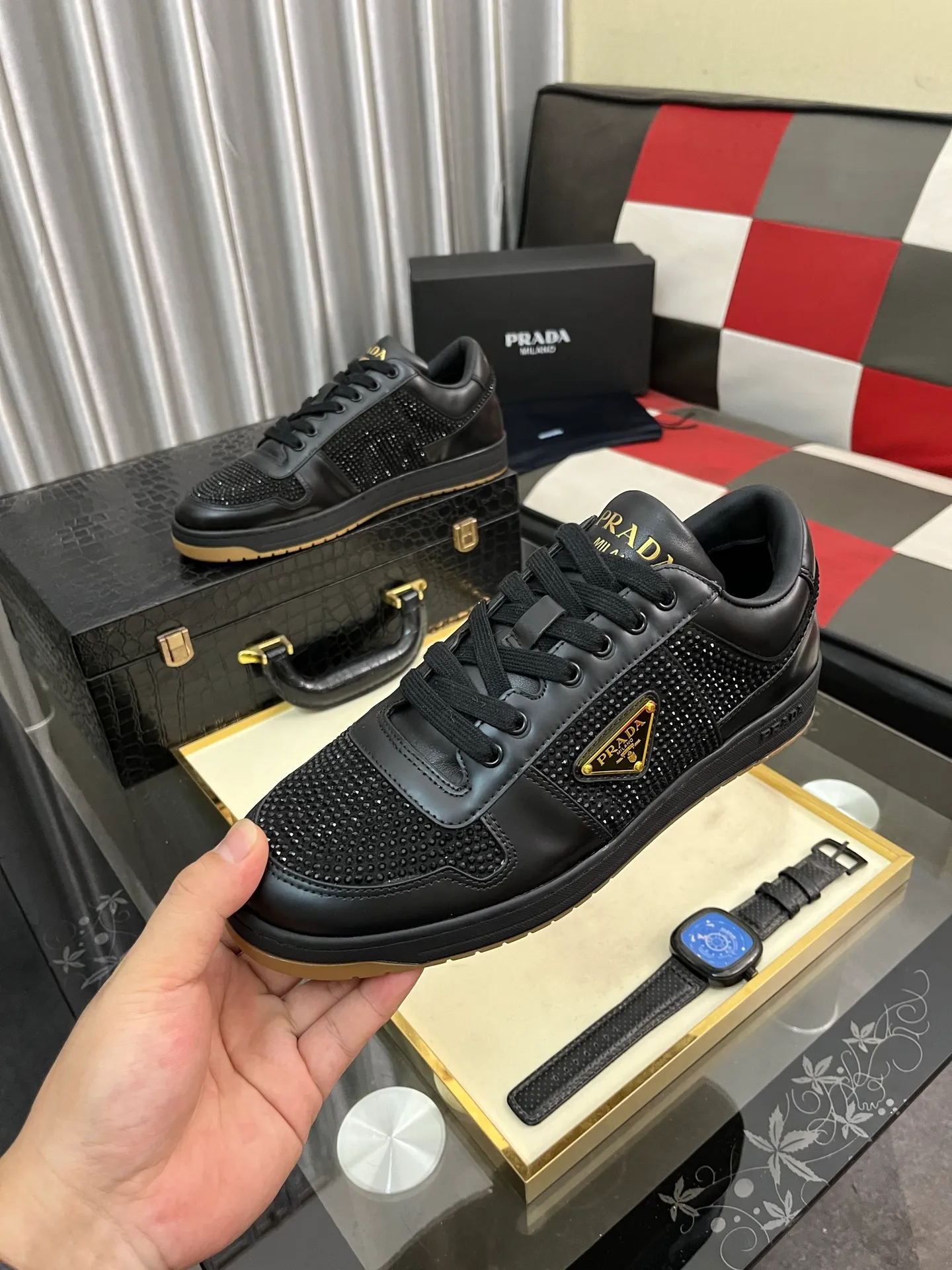 Men's shoes 💰680⌚️⌚️【PRADA】Prada - high-end quality original order 🔍🔍🔍casual sports shoes - Upper: 🔝 Nappa calfskin, perforated calfskin, shoe body sewn brand metal fasteners, tongue screen-printed high frequency brand logo - Lining: water-dyed cowhide - Outsole: ultra-light TPU foam rubber; two-color molded outsole -Ultra-high quality control and fine workmanship: outstanding (high-end, extravagance, class) -Size: 38-44 (45, can be customized)